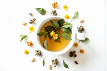 Aromatic herbal tea in a white cup, surrounded by dried flowers and leaves.