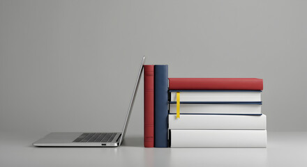Open Laptop Leaning Against Stack of Red White and Blue Books on a Gray Background
