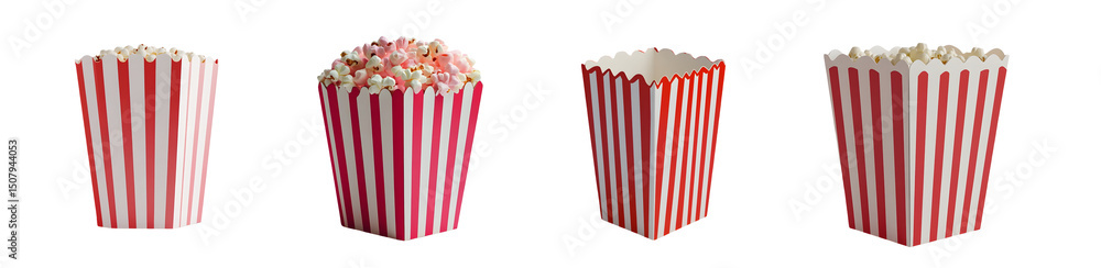 Poster set of striped popcorn containers filled with popcorn. isolated on transparent background