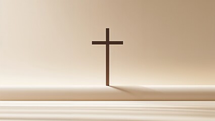 Naklejka premium Casting long angled shadow, simple Latin cross standing on platform in chapel-like interior