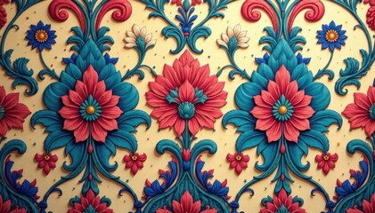 Intricate floral damask wallpaper sample detail, antique, gold