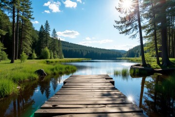 Wooden dock extending over a tranquil lake surrounded by lush greenery and towering trees.