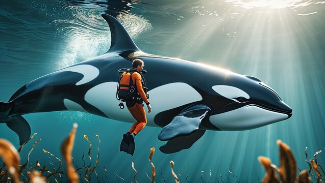 Swimming diver wearing orange wetsuit and scuba gear gliding through kelp forest, with killer whale