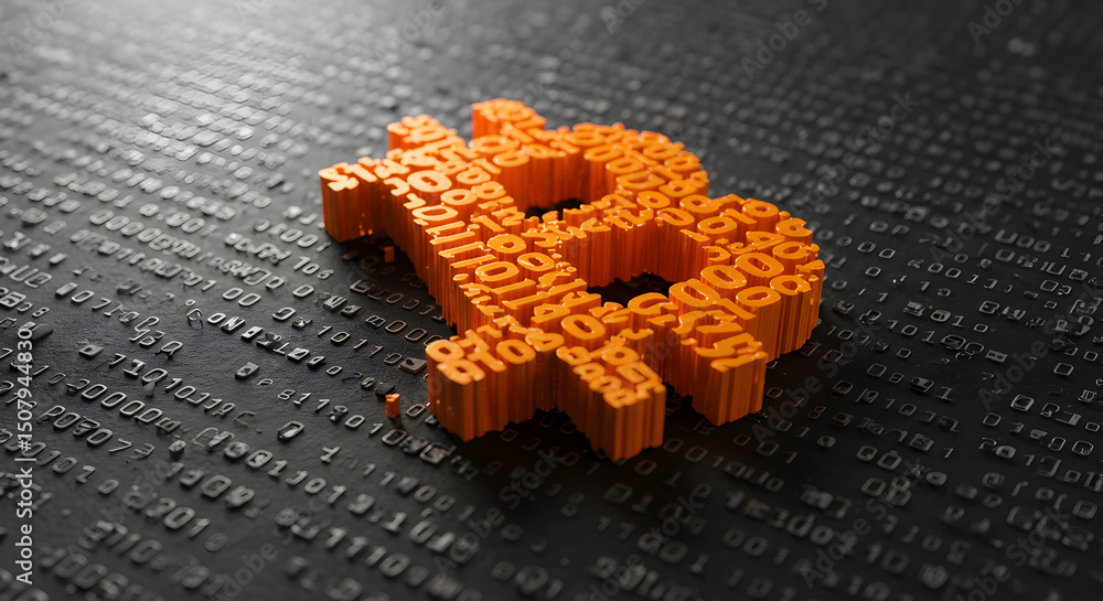 Aufkleber orange bitcoin symbol composed of numbers on a dark binary code background representing digital curr