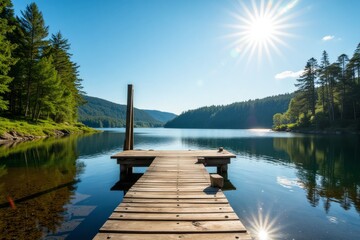 Wooden dock extending over tranquil lake water.