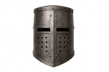 Medieval crusader knight helmet displaying intricate metallic texture, ornate cross-shaped visor gleaming against transparent backdrop