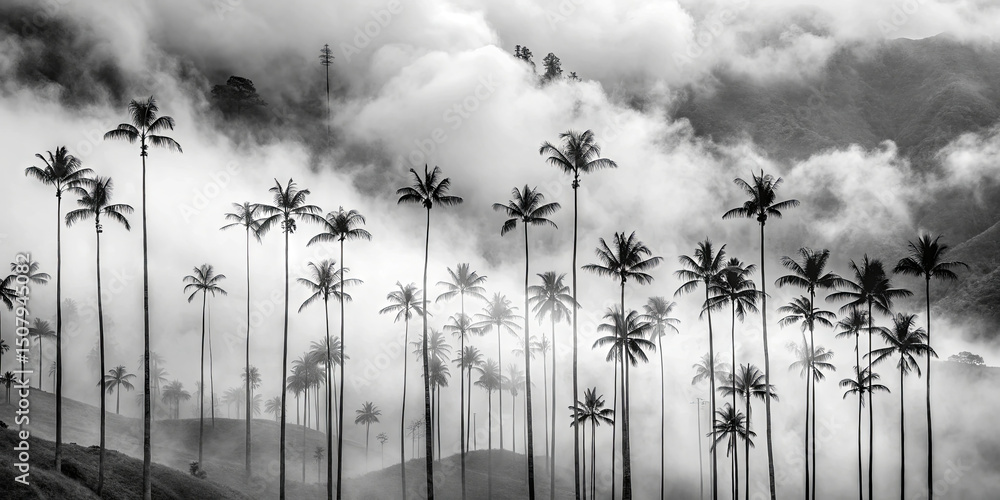 Poster a serene landscape features tall palm trees emerging from billowing fog. the scene captures the tran