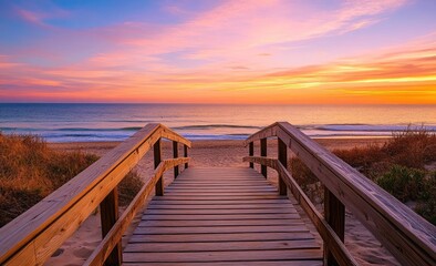 Obraz premium Wooden walkway leading to a beach at sunset