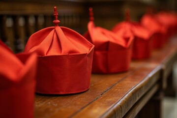Row of red ceremonial hats on a wooden surface.