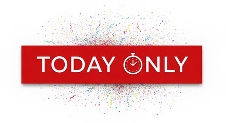 Today Only Deal – bold red banner with “Today Only” in white font, small ticking clock icon, confetti around, clean background.