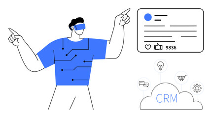 Person wearing VR headset gesturing towards CRM interface, with data icons and digital cloud. Ideal for CRM, virtual reality, technology, innovation, analytics, cloud computing, simple landing page