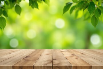 Wooden surface with a blurred background of leaves and out-of-focus greenery.