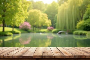 Wooden tabletop with a blurred garden and pond background.