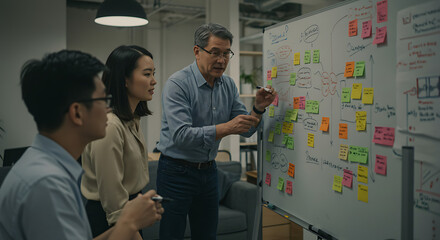 Business Team Brainstorming Strategy on Whiteboard with Sticky Notes