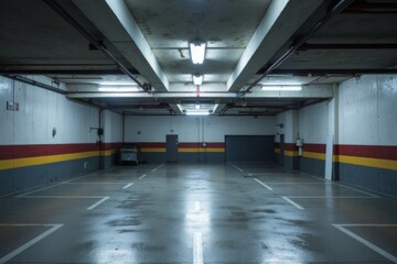 Empty underground parking garage with wet floor.