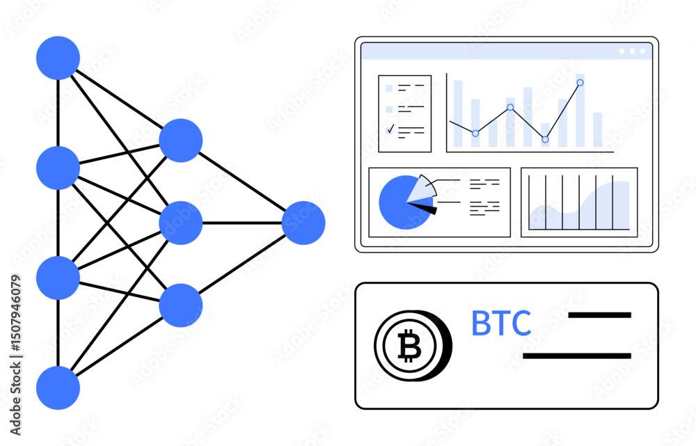 Poster neural network diagram with interconnected nodes, data analytics charts on a dashboard, and cryptocu
