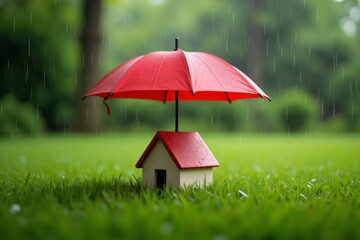 Miniature house sheltered by a red umbrella during a rain shower.
