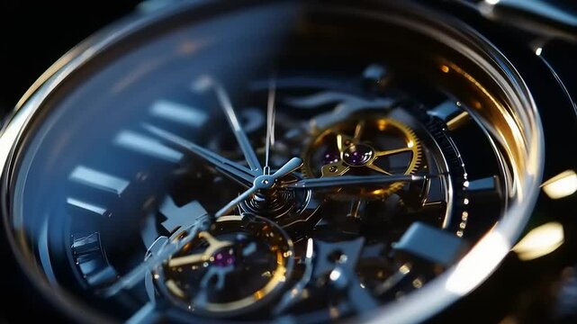 Close-up view of an intricate watch mechanism showcasing gears and movement in a dark setting - Powered by Adobe