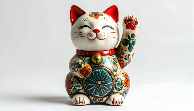 Lucky Cat Figurine Japanese Maneki-neko with Raised Paw and Colorful Patterns