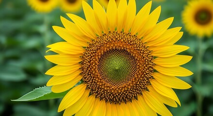 Obraz premium Realistic close-up photo of blooming sunflower in soft natural light