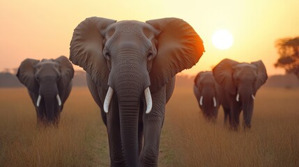 Obraz premium Four elephants walk through tall grass at sunset, with the sun glowing behind them in a natural savanna landscape.