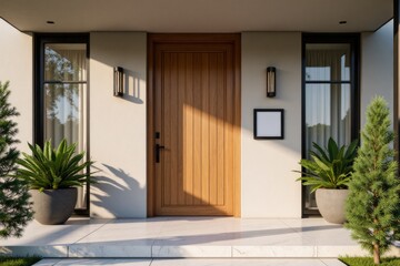 Modern home entryway with wooden door and plants.