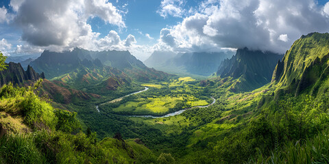 Fototapeta premium Lush Green Valley with Mountains and River Under Blue Sky