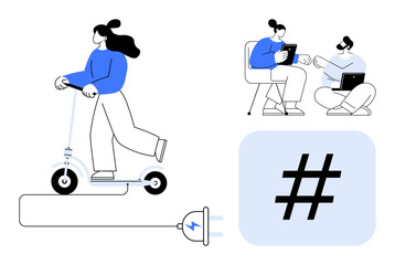Woman rides electric scooter, powered by plug-in cord. Two colleagues work with devices. metadata tag symbol highlights trends. Ideal for teamwork, mobility, eco-living, connection, innovation