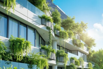 Modern building with extensive green walls and balconies.