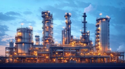 illuminated oil refinery complex at dusk showcasing industrial architecture and energy production contributing to the global economy and technological advancement
