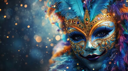 a captivating close up of an ornate blue and gold venetian mask adorned with feathers and gems set against a bokeh filled backdrop that suggests a festive or celebratory atmosphere