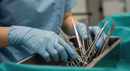 Medical professional organizing surgical instruments in operating room  