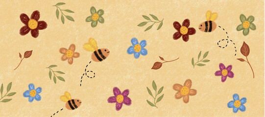 Cute flying bees and colorful flowers background