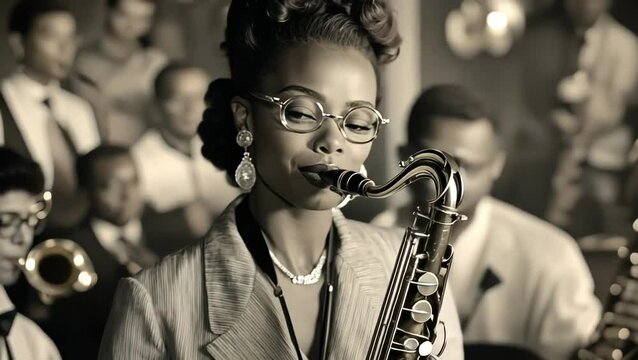 Elegant woman plays saxophone in sepia-toned jazz band photo