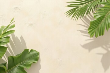 Tropical leaves cast soft shadows on a cream-colored wall.