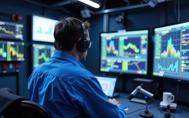 Fototapeta premium Infrastructure development and energy industry concept. Person analyzing data on multiple screens in a tech workspace.
