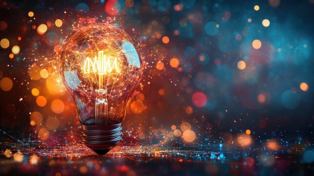 a futuristic light bulb radiating vibrant energy and glowing filament with intricate connections symbolizing innovation and forward-thinking design on a shimmering background