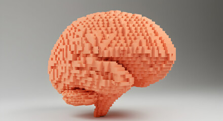 Orange Voxel Brain Detailed Digital Construction on Gray Background Emphasizing Conceptual Design Innovation and Modern 3D Art