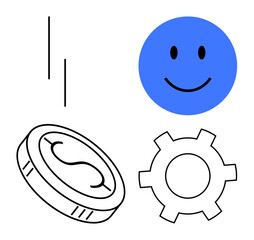 Blue happy face, gear, coin, and vertical lines illustrate positivity, innovation, collaboration, and financial progress. Ideal for tech, finance business teamwork creativity productivity simple