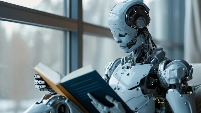 A futuristic robot reading a book, exploring the intersection of technology and knowledge in a serene environment.