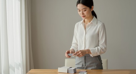 Young woman unpacking items on wooden table in bright interior  