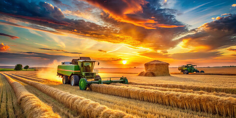 Fototapeta premium Harvesting machines work tirelessly in golden fields under a vibrant sunset. The sky is painted with hues of orange and purple as farmers gather wheat for the season