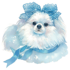Fototapeta na wymiar PNG A pom pom dog with head band illustration ribbon blue.