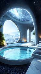 Fototapeta premium indoor pool featuring futuristic design, offering mountain views through windows with starry ceiling