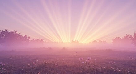 朝霧の草原に差し込むピンク色の朝日の光芒