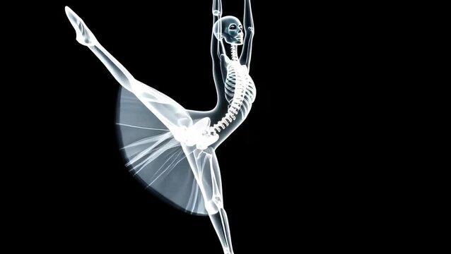 Ballerina's skeletal structure in arabesque, x-ray effect, dark background