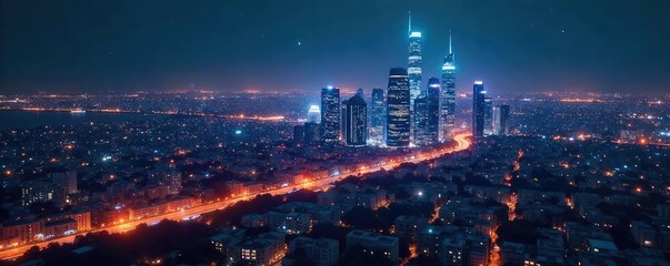 A futuristic cityscape at night, interconnected by glowing lines representing the digital web, symbolizing the concept of a globally connected internet , accessible, cityscape, virtual