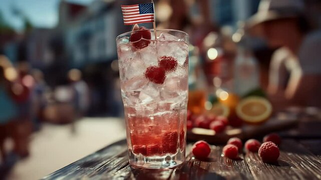 Refreshing raspberry cocktail with american flag garnish