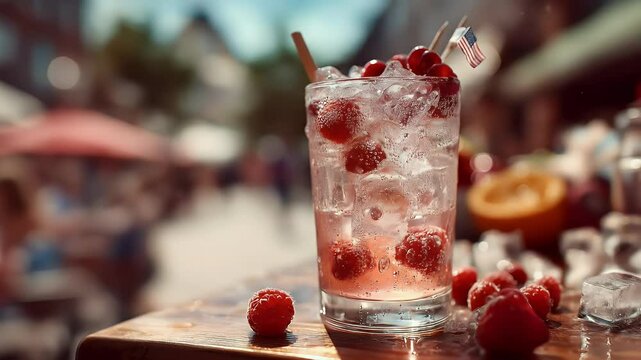 Refreshing raspberry ice drink summer beverage footage