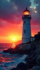 Obraz premium A majestic Mediterranean lighthouse stands tall against a vibrant sunset, its white tower silhouetted against the fiery sky, waves gently lapping at its base , stone, nature, italy